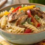 Rasta pasta recipe with jerk chicken and colorful bell peppers