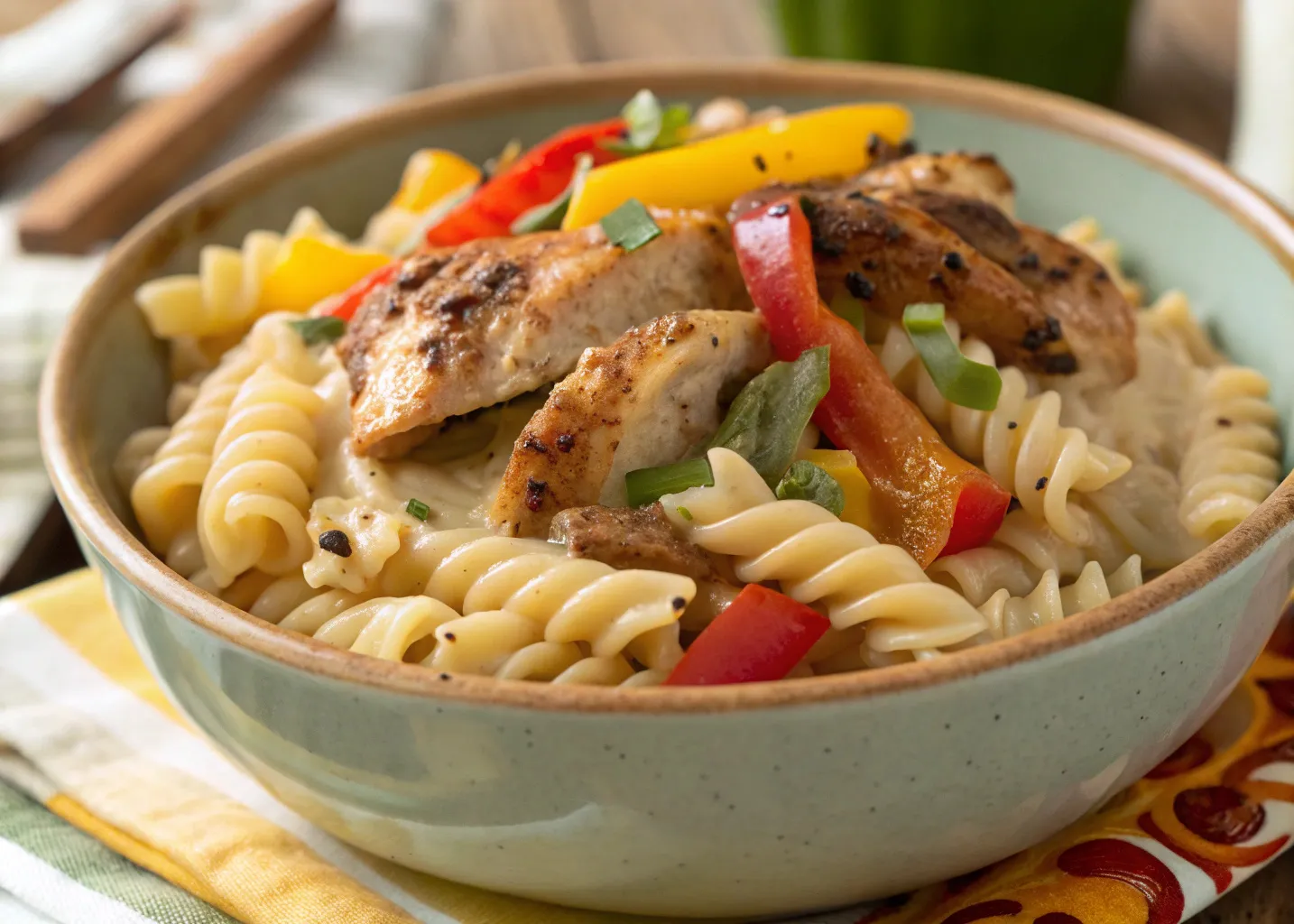 Rasta pasta recipe with jerk chicken and colorful bell peppers