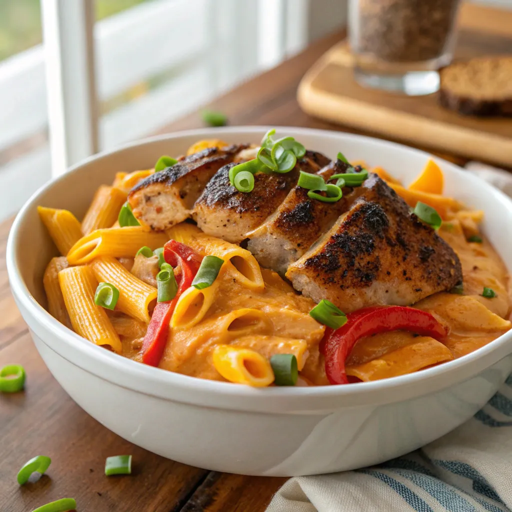 Rasta pasta recipe with creamy jerk sauce and colorful bell peppers