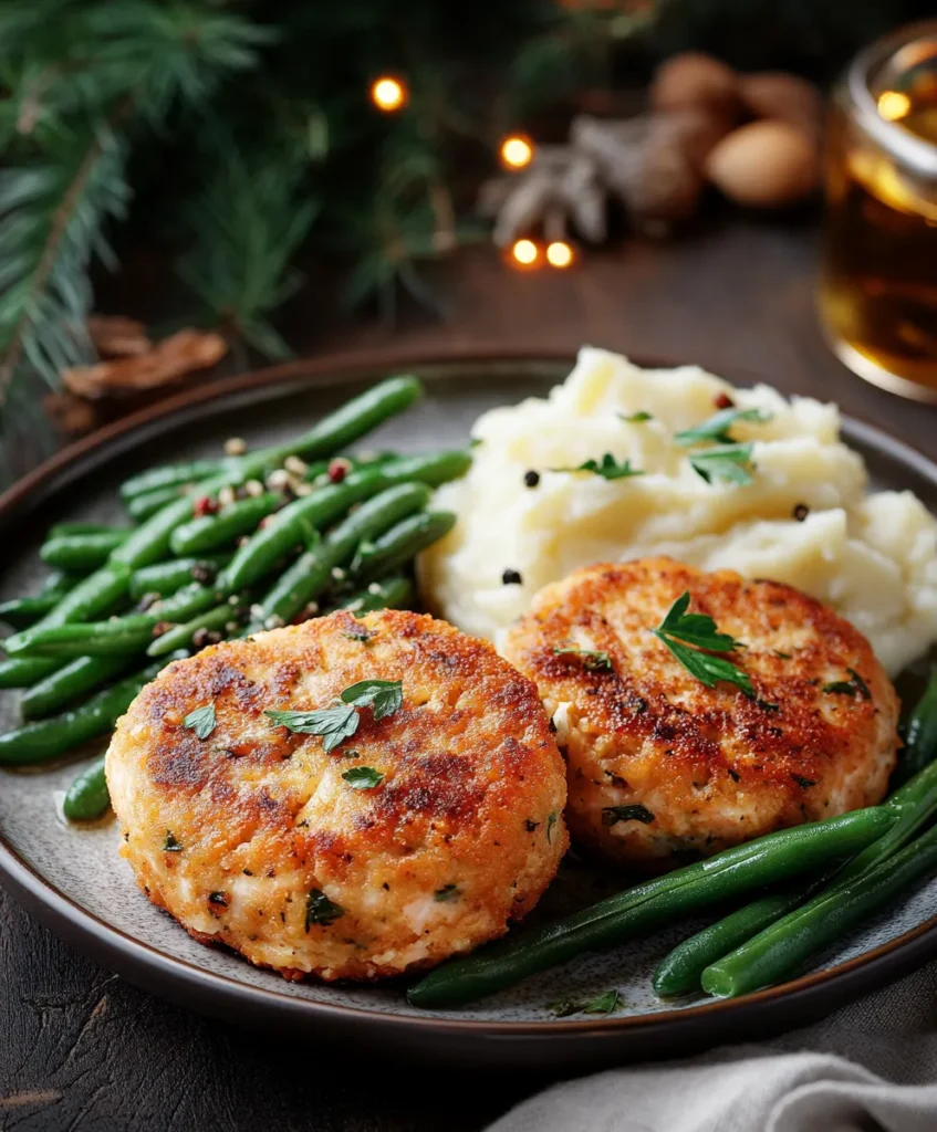 Salmon patties recipe served with mashed potatoes and green beans