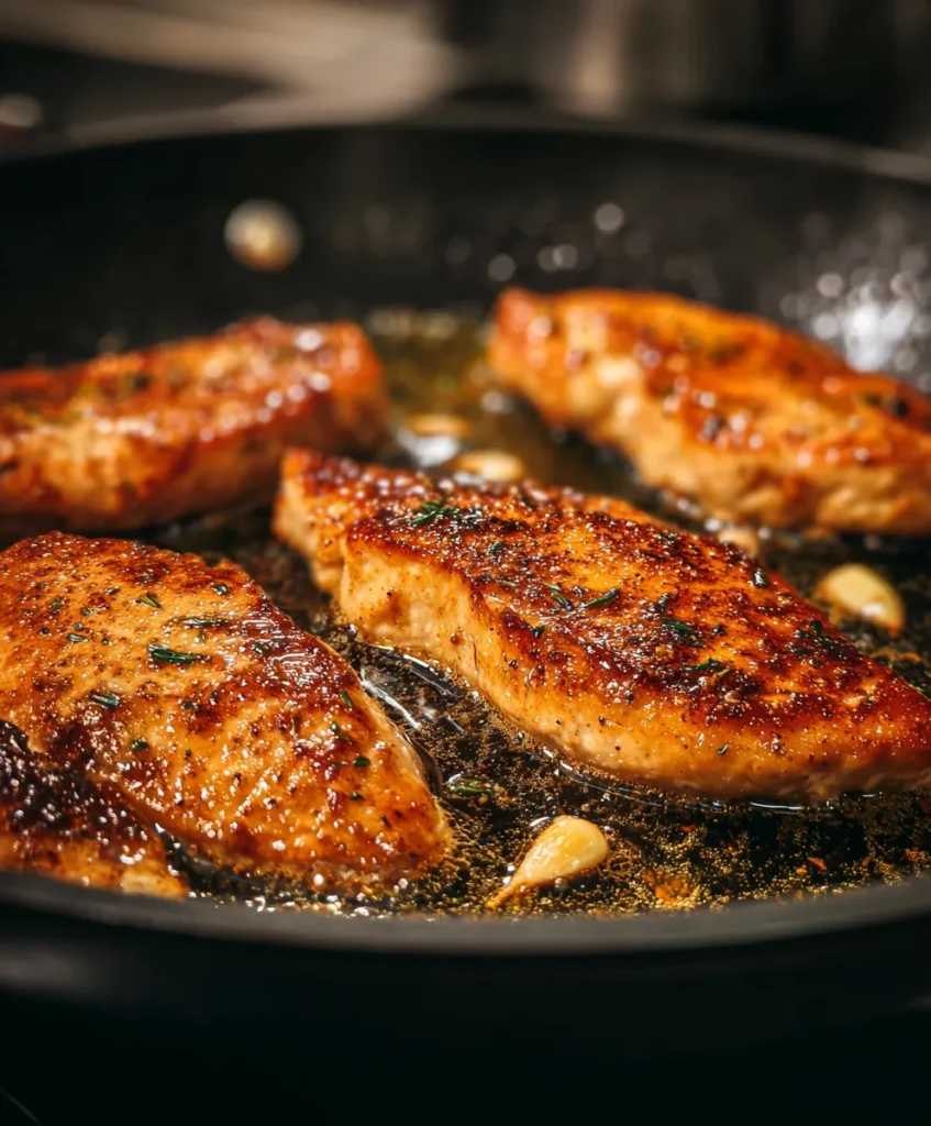 Chicken breasts searing in a skillet for creamy Tuscan pasta