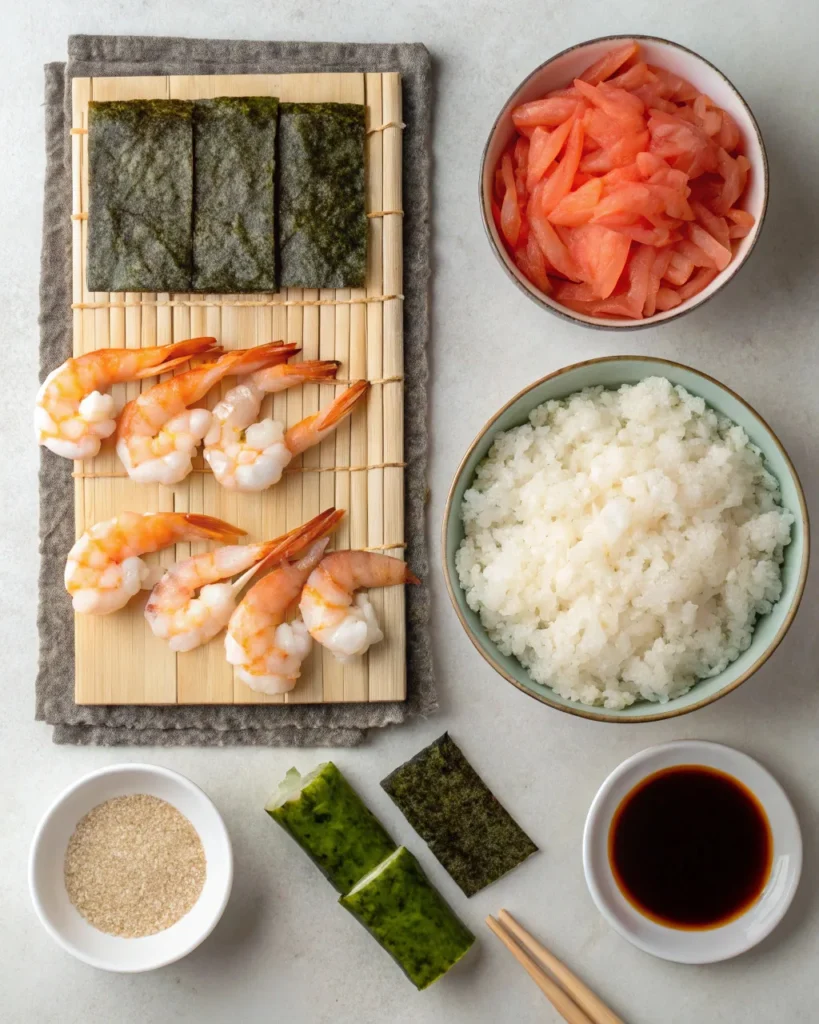 Sushi roll ingredients laid out on a kitchen counter