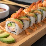 Sliced shrimp tempura roll on wooden board with garnishes