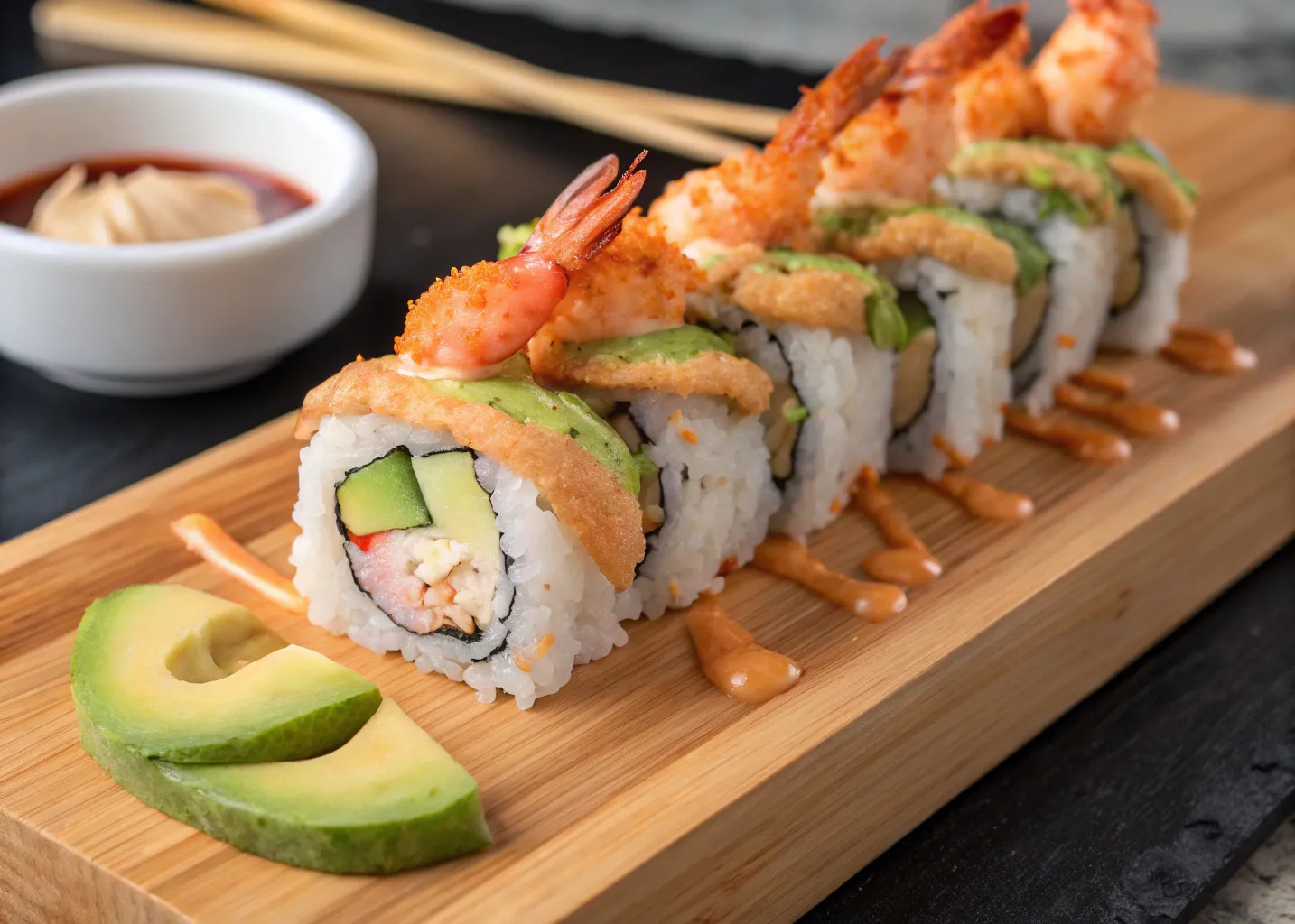 Sliced shrimp tempura roll on wooden board with garnishes