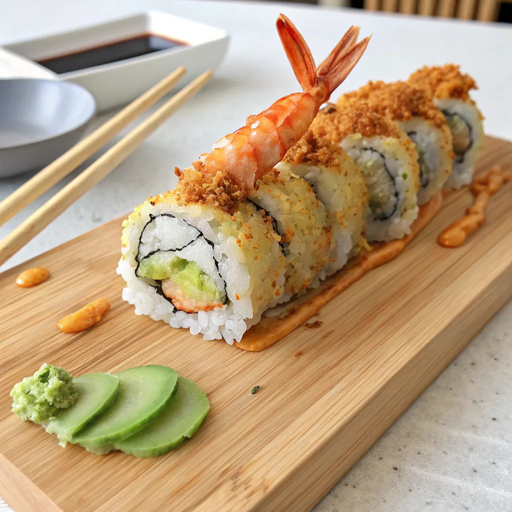 Shrimp tempura roll sliced on a wooden sushi board with garnishes