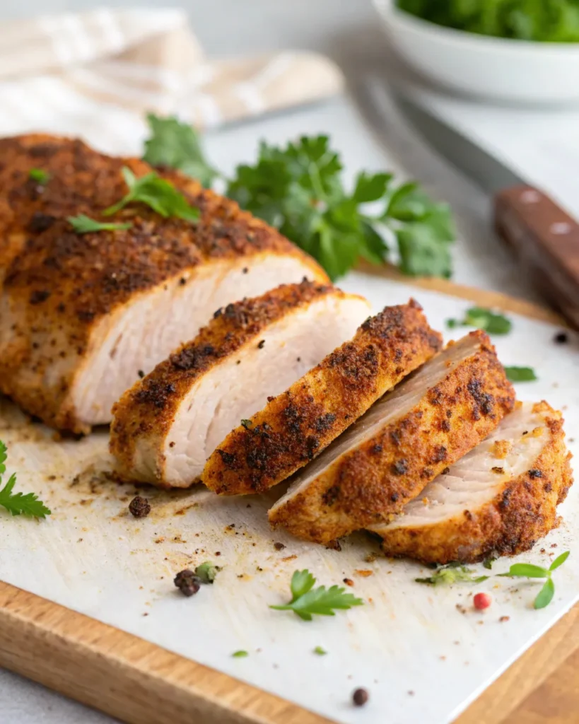 Sliced Cajun chicken breast cooked for Alfredo pasta