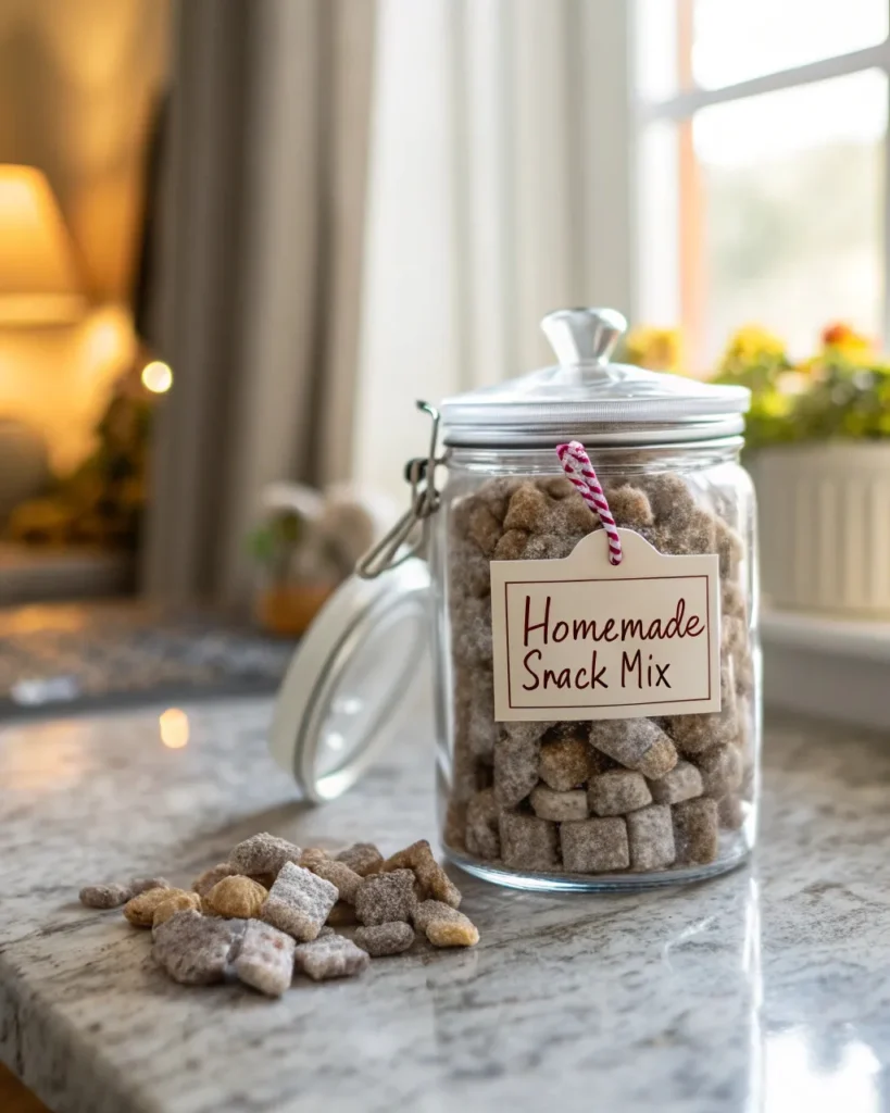 storing homemade muddy buddies in a jar