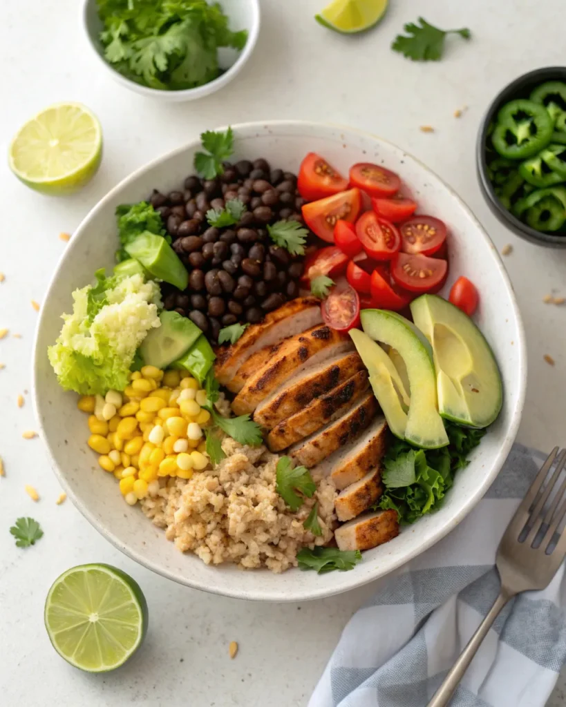 Taco bowl 2 Separated taco bowl ingredients on white cutting board