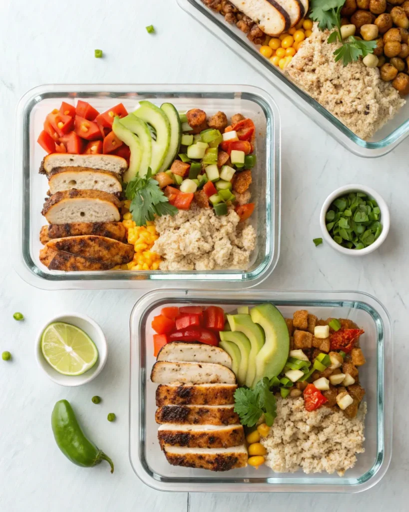 Taco bowl 5 Three taco bowl meal prep containers with different ingredients
