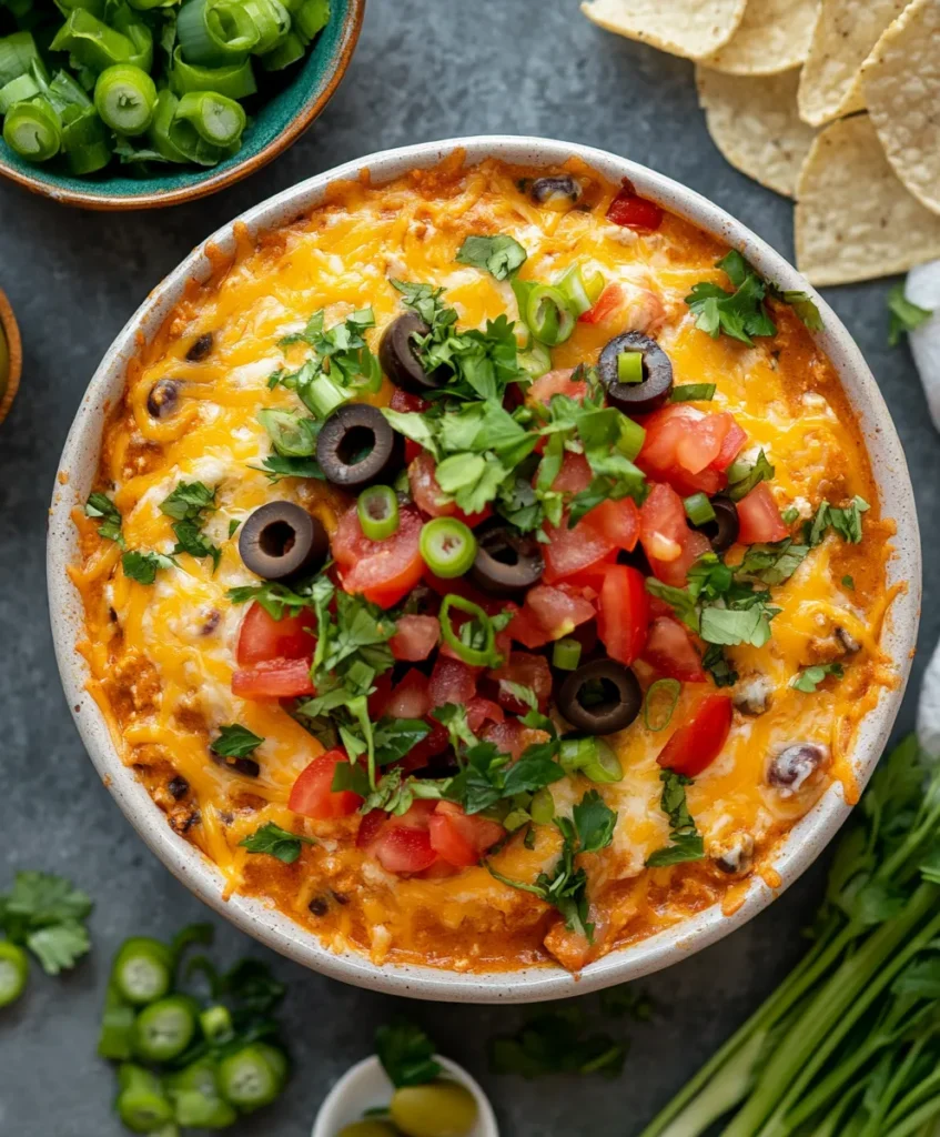 finished taco dip topped with lettuce and olives