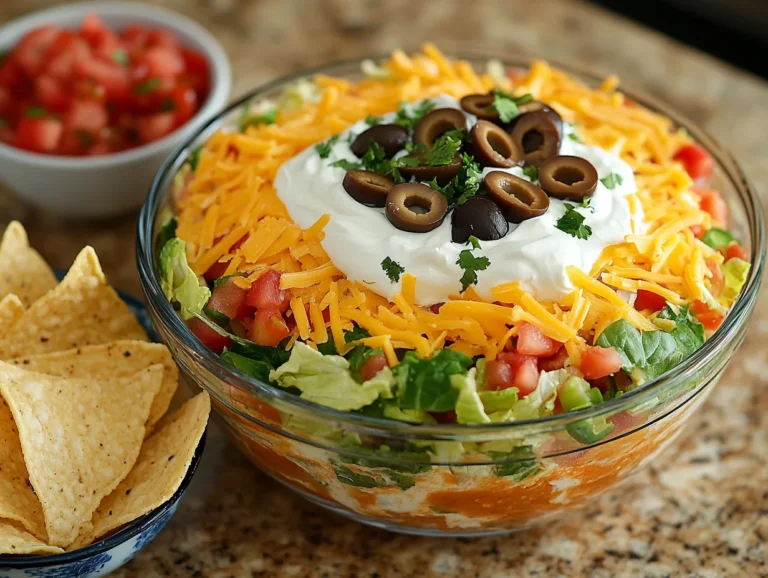 taco dip layered with cheese, salsa, and fresh toppings