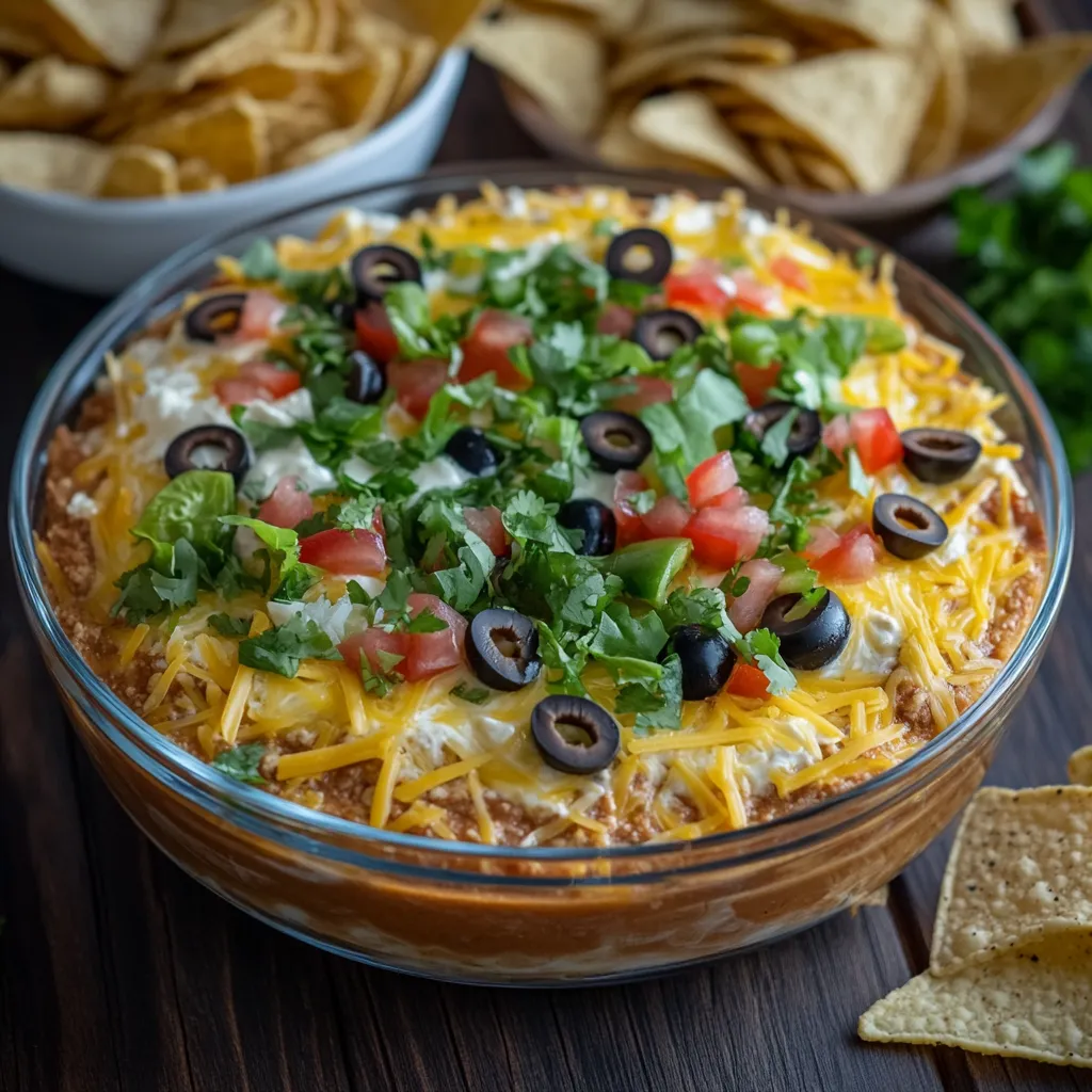 taco dip recipe layered with beans, cheese, salsa, and toppings