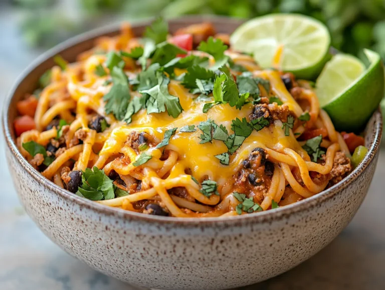 Taco spaghetti in a bowl topped with cheese and cilantro
