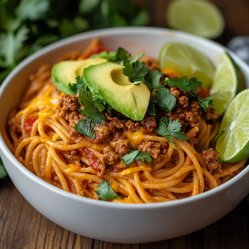 Taco spaghetti in a bowl topped with cheese, avocado, and cilantro
