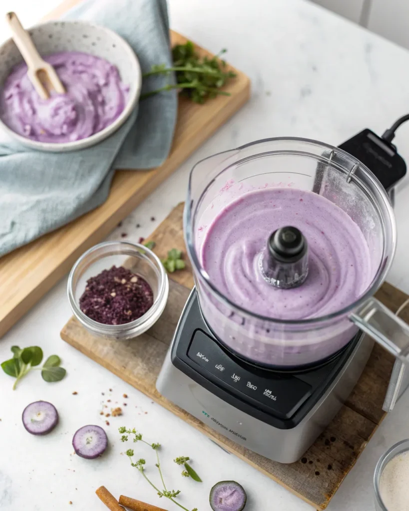 Blending real taro and milk to make taro milk tea