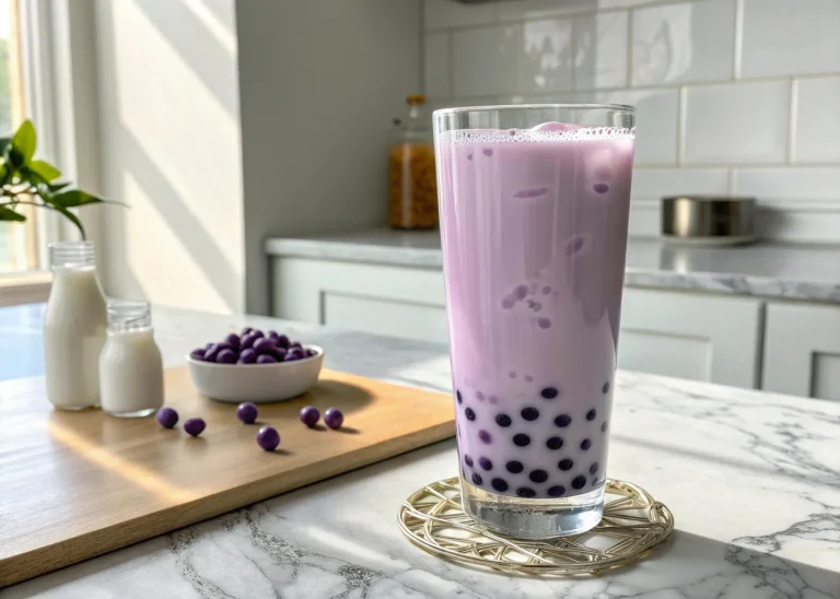 Glass of iced taro milk tea with boba on marble surface