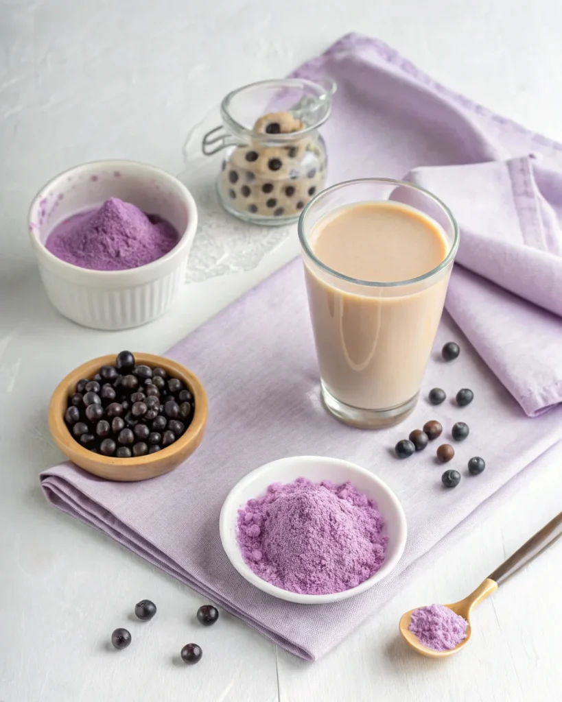Ingredients for making taro milk tea with powder