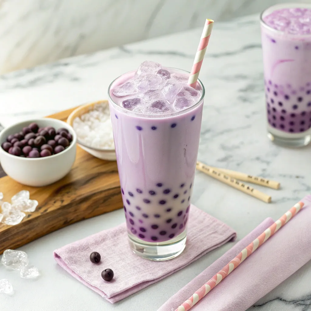 Iced taro milk tea with tapioca pearls served in a glass
