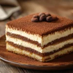 Tiramisu Cake with sponge layers, mascarpone cream, and cocoa dusting