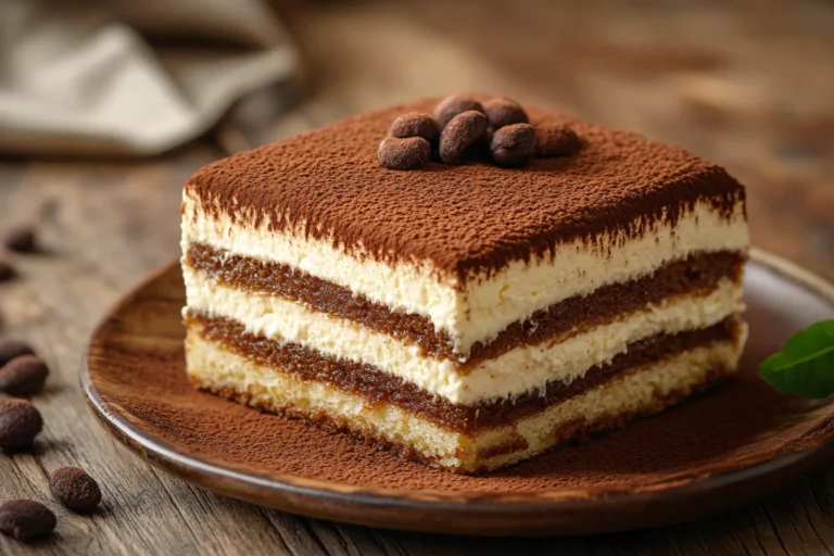 Tiramisu Cake with sponge layers, mascarpone cream, and cocoa dusting