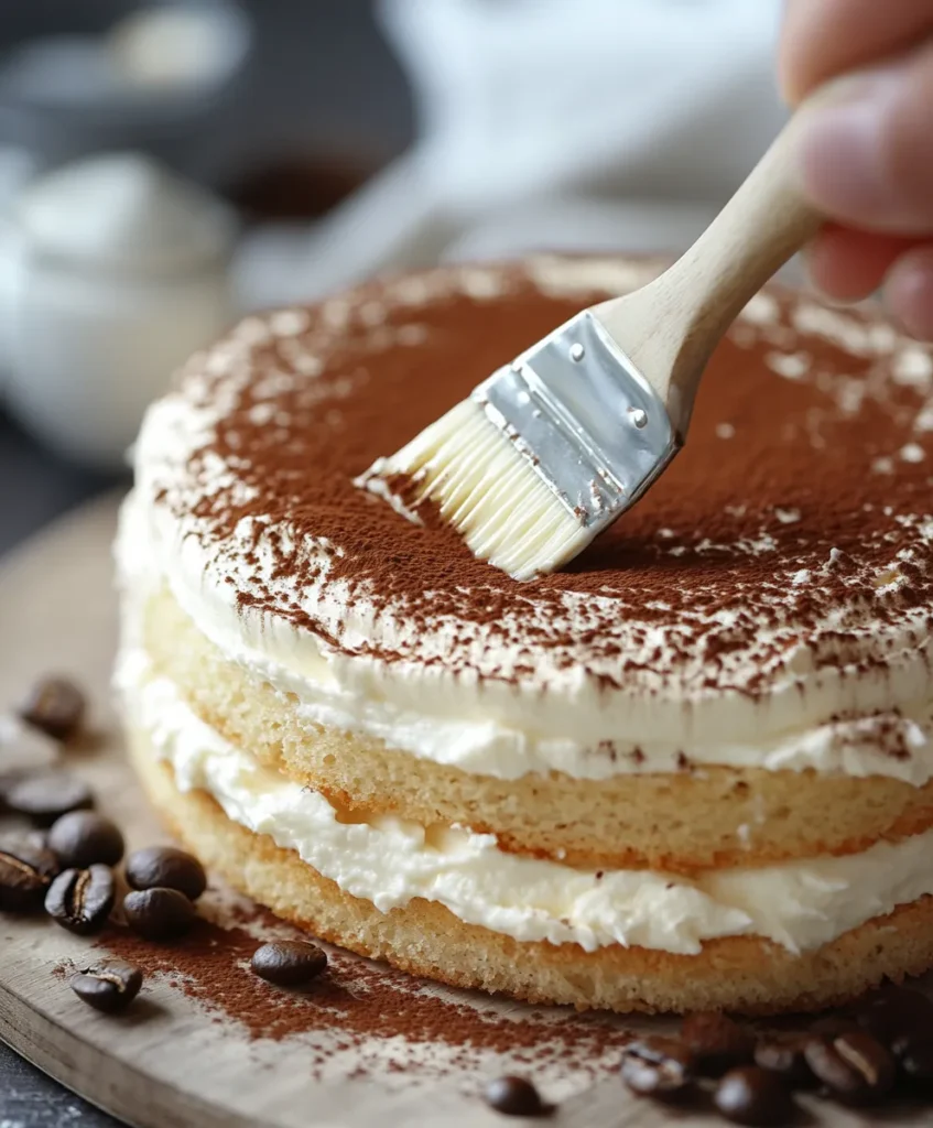 Assembling tiramisu cake with coffee soak and mascarpone cream