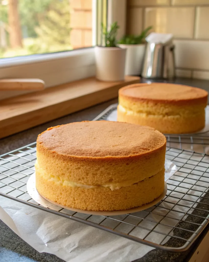 Golden sponge cake layers cooling for tiramisu cake