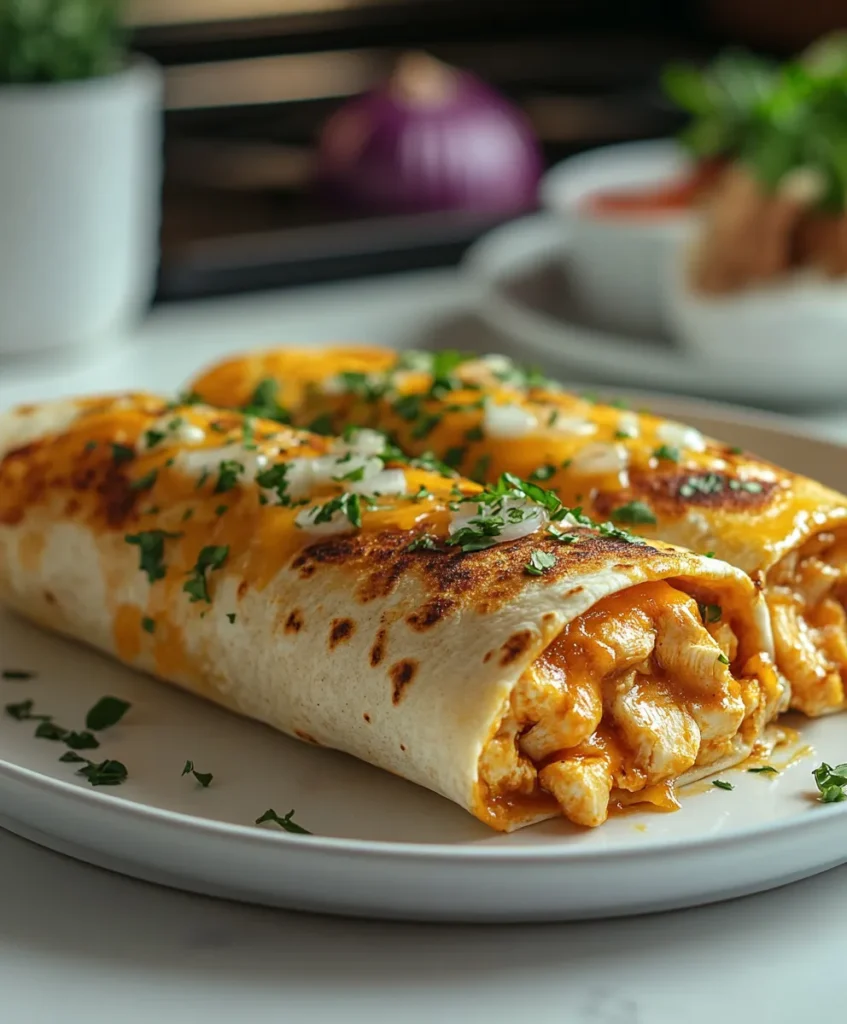 Toasted homemade chicken burrito in a whitte plat with golden crust