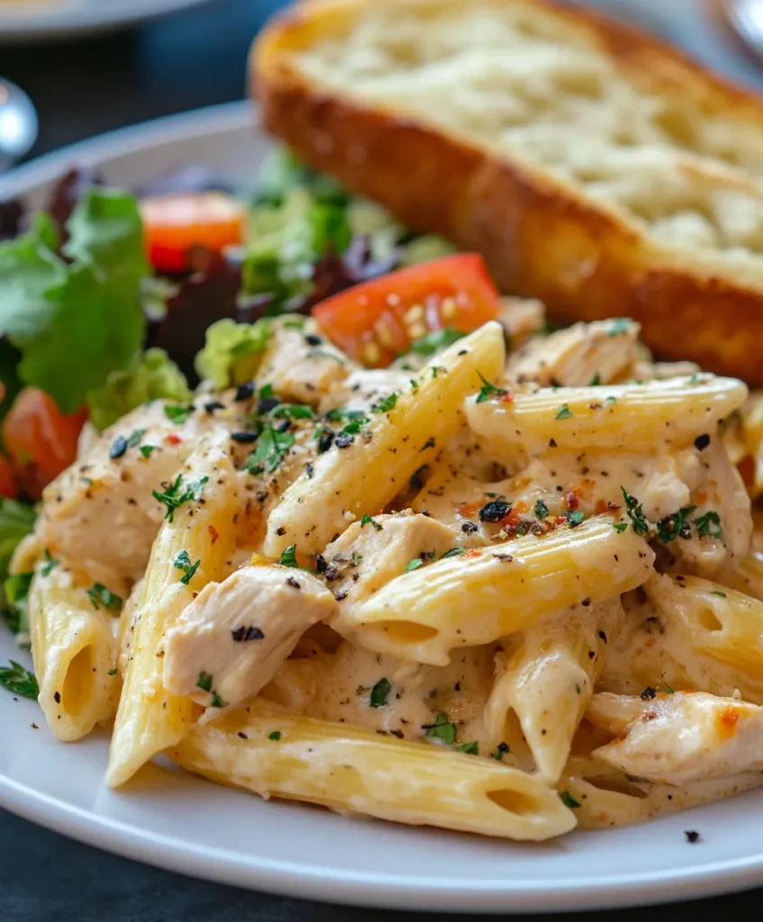 Creamy Tuscan chicken pasta with garlic bread and salad