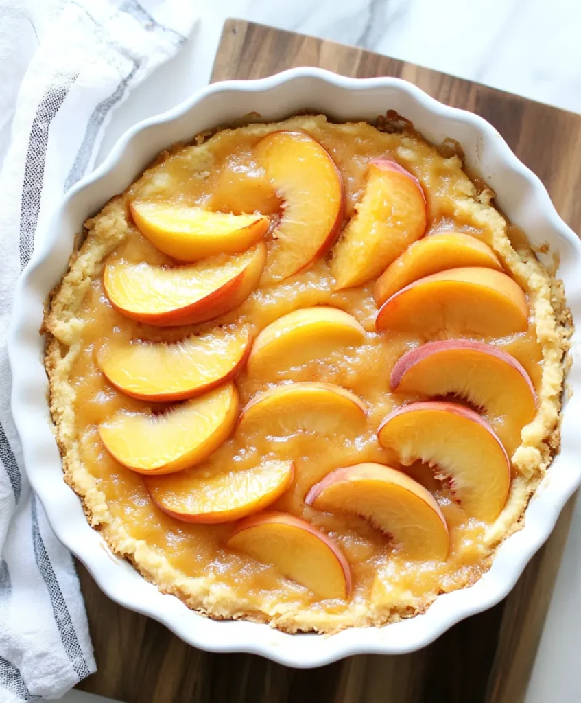 Unbaked peach cobbler with sliced peaches on top of batter