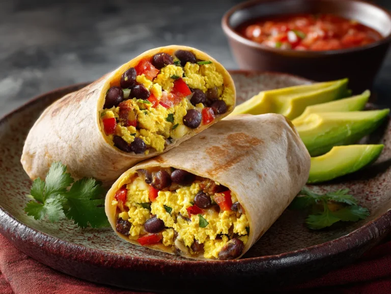 Freshly made vegan breakfast burrito with tofu and veggies