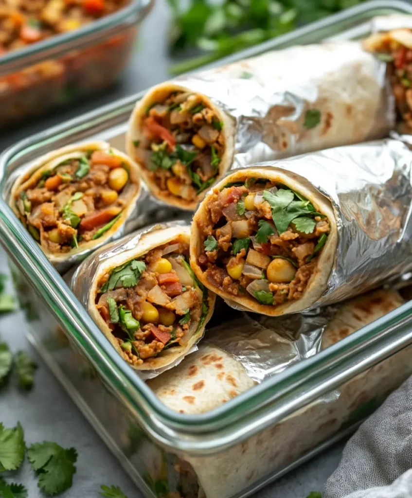 Vegan breakfast burrito 4 Vegan breakfast burritos wrapped and stored in glass container