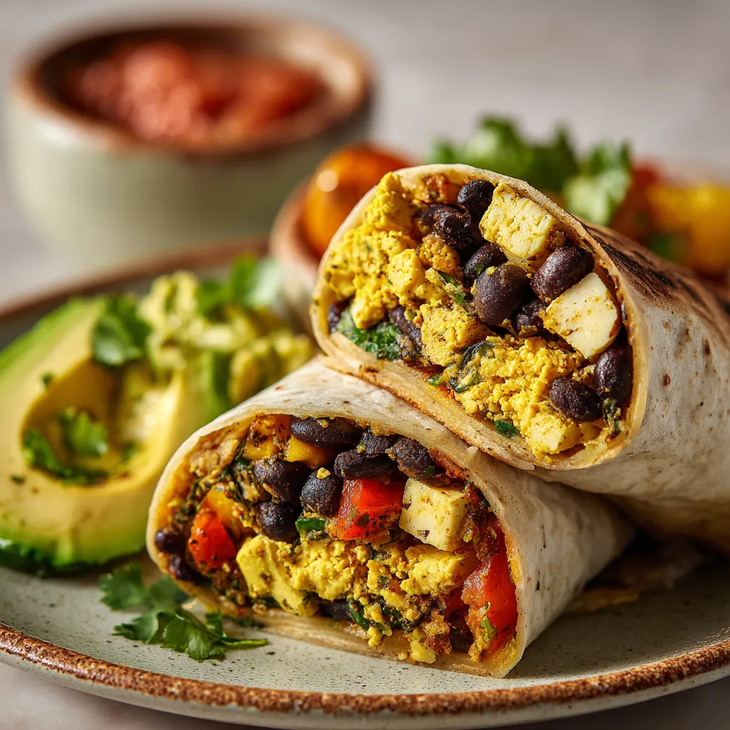 Vegan breakfast burrito 6 Vegan breakfast burrito sliced open showing tofu and veggies