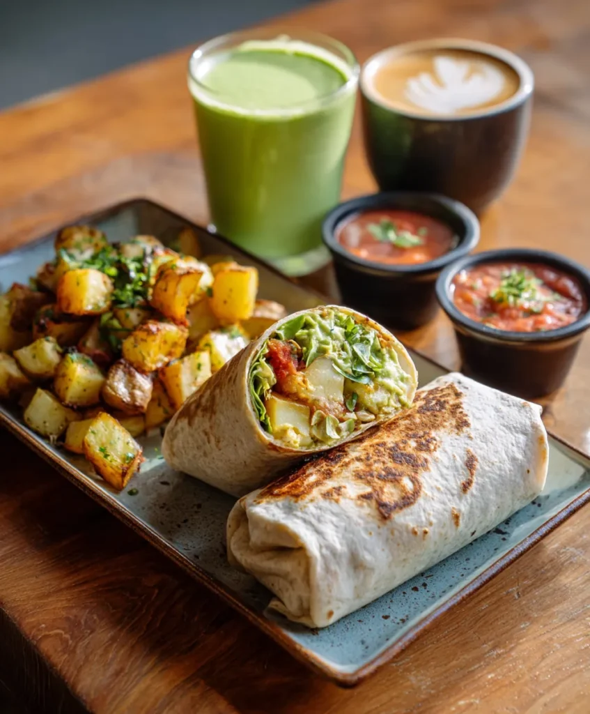 Vegan breakfast burrito 5 Vegan breakfast burrito served with potatoes and smoothie