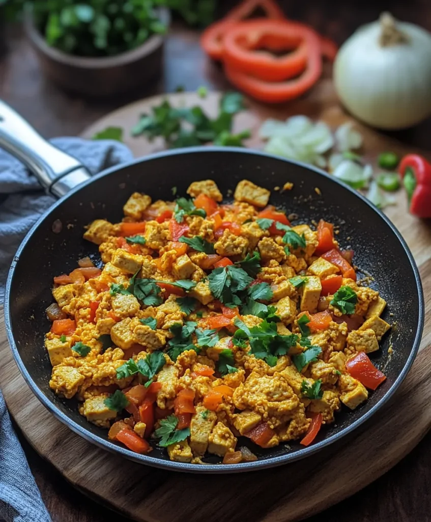 Vegan breakfast burrito 3 Tofu scramble cooking in skillet for vegan burrito