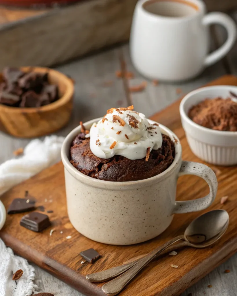 vegan chocolate mug cake with coconut whipped topping