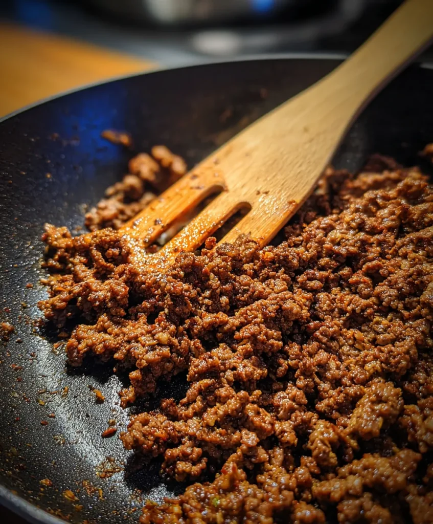 Cooked seasoned ground beef in skillet for Big Mac Wraps
