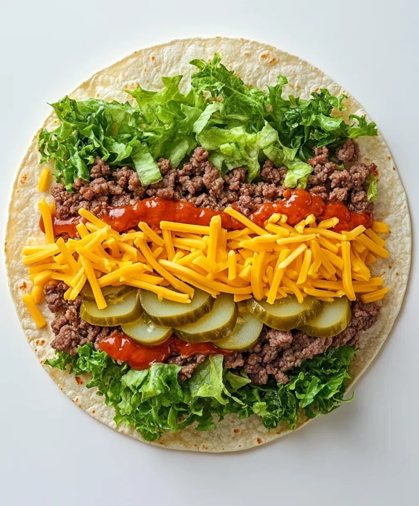 Unfolded Big Mac Wrap with beef, cheese, lettuce, and sauce layered on tortilla