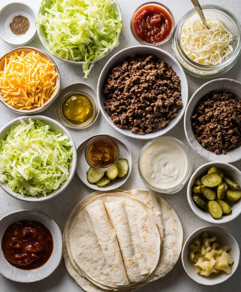 Ingredients for Big Mac Wraps arranged on a countertop