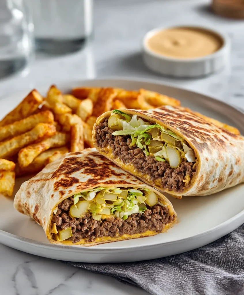 Big Mac Wrap sliced with fries and sauce on the side