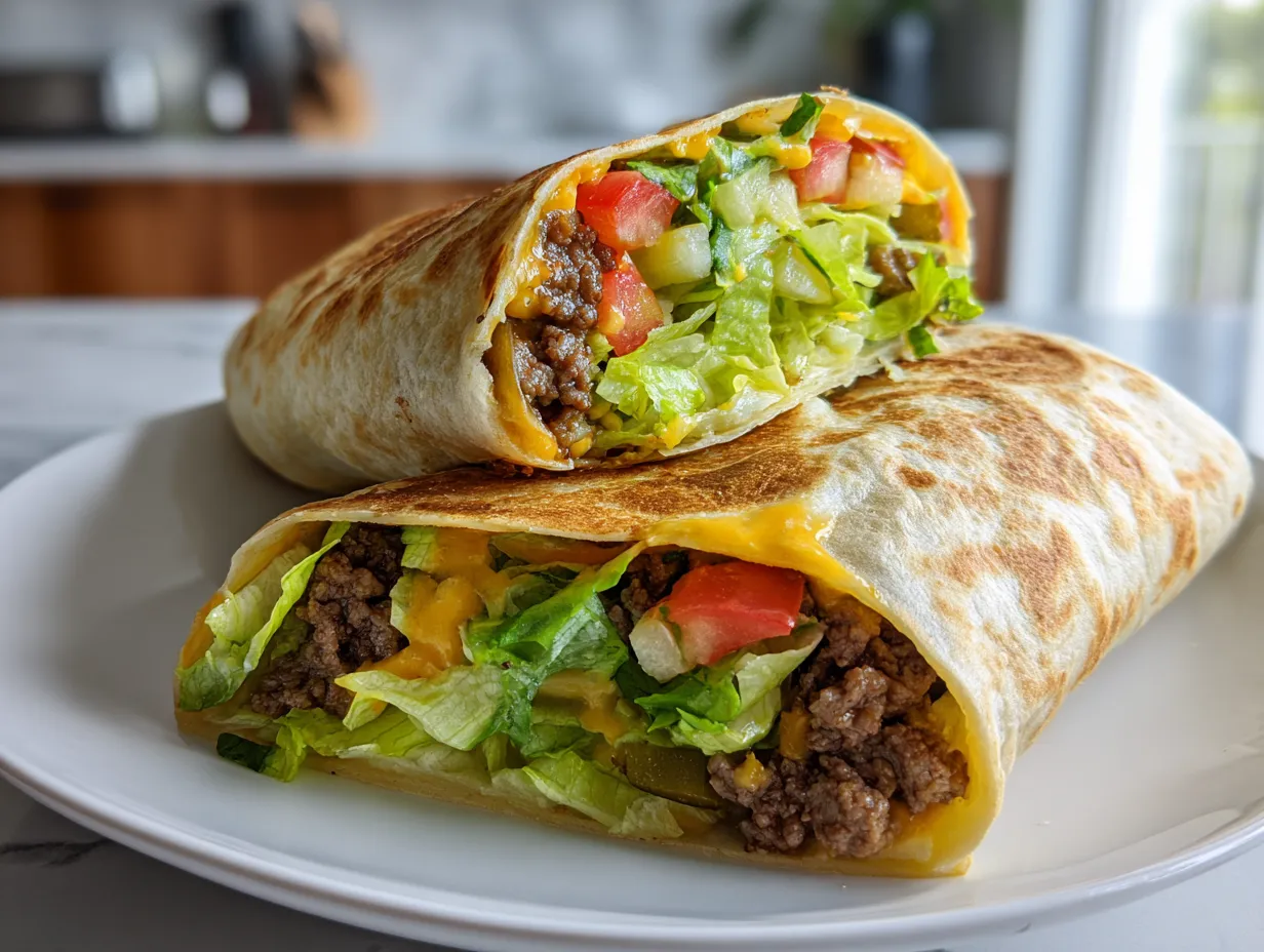 sliced Big Mac Wraps showing beef, cheese, lettuce, and pickles in a toasted tortilla