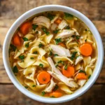 Bowl of chicken noodle soup with carrots and noodles