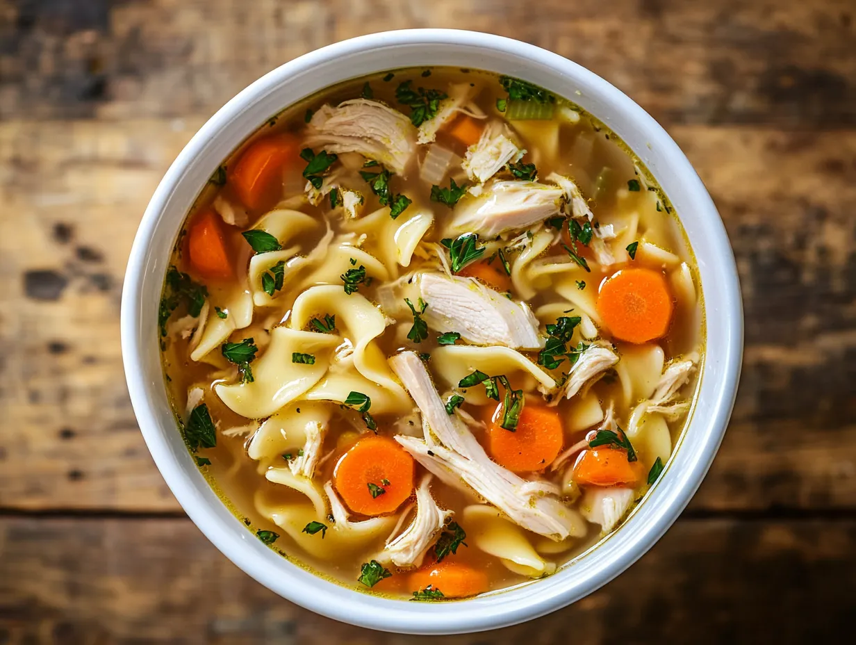 Bowl of chicken noodle soup with carrots and noodles