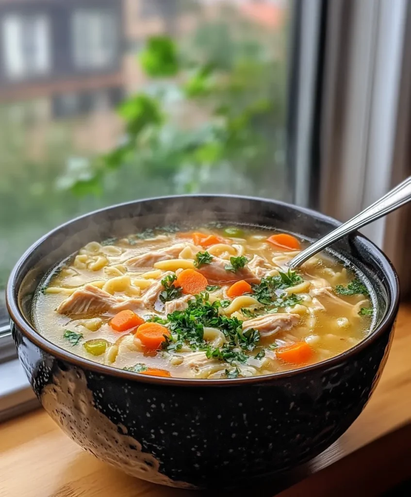 Cozy bowl of chicken noodle soup crock pot by a window on a rainy day