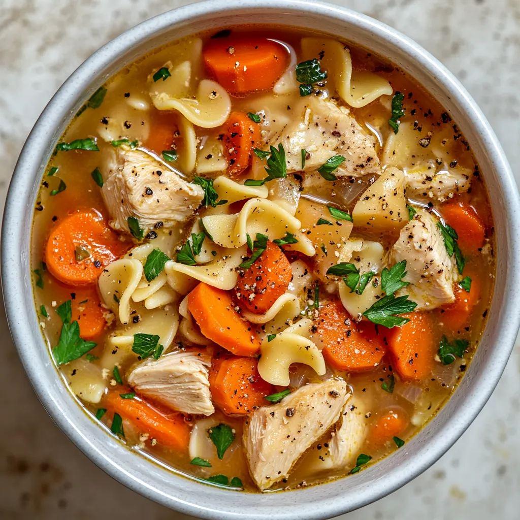 Chicken noodle soup crock pot recipe served in a white bowl with carrots, noodles, and parsley