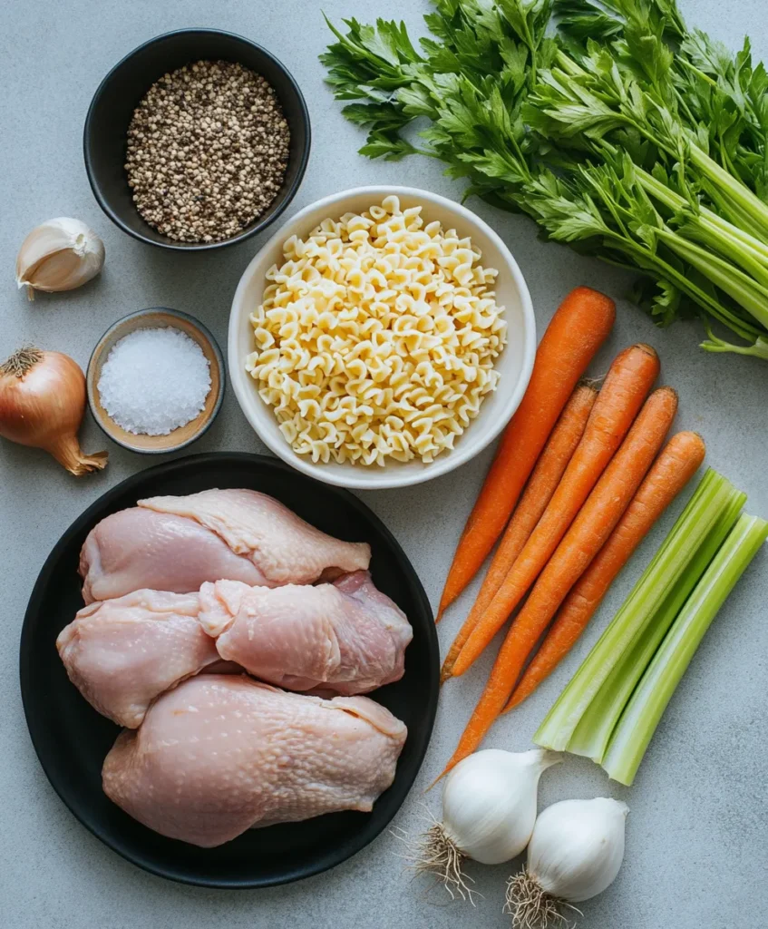 Chicken noodle soup ingredients prepped for slow cooking