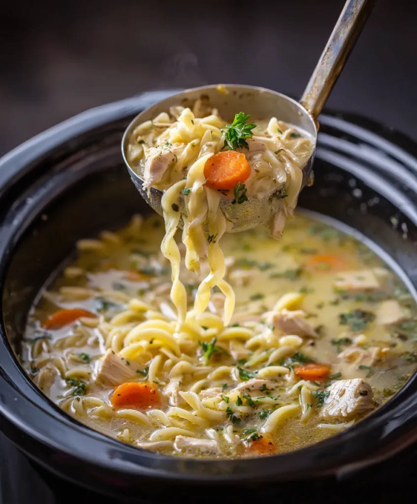 Crock pot full of chicken noodle soup with ladle