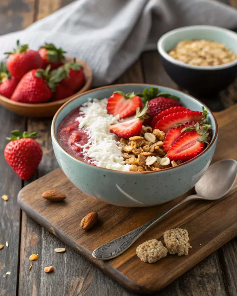 A beautifully styled Greek yogurt smoothie bowl topped with strawberries, granola, and coconut flakes on a rustic wood table with a spoon beside it.