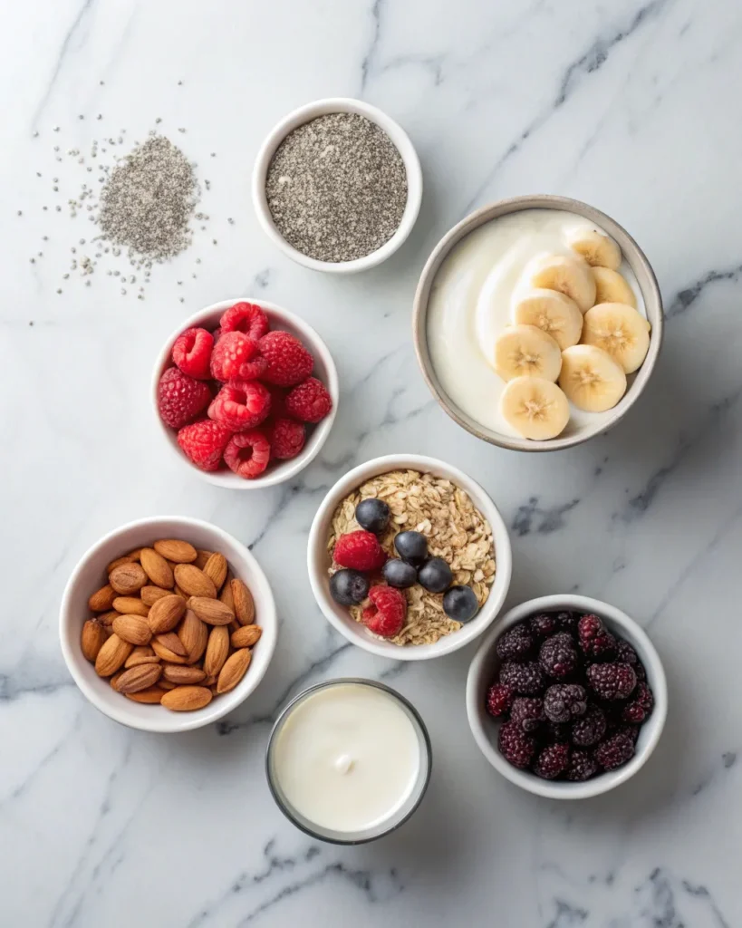 Flat lay of Greek yogurt, frozen berries, banana, oats, chia seeds, and almond milk arranged neatly on a marble counter with small bowls.