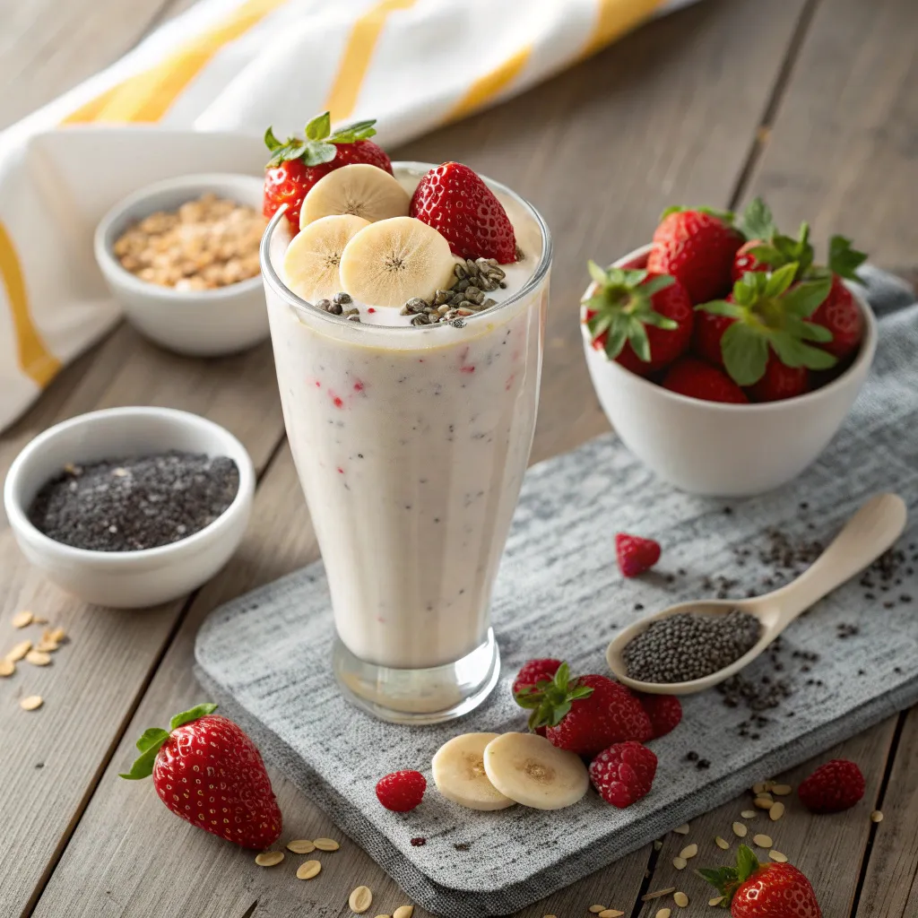 Creamy Greek yogurt smoothie in a glass with fruit and chia seeds