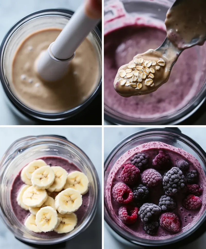 Step-by-step collage showing how to make a Greek yogurt smoothie: add liquid, add yogurt and oats, add fruit and chia, blend until creamy.